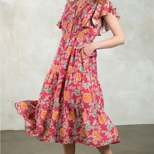 NWT THML Pink and Orange Tiered Ruffled Midi Sundress
